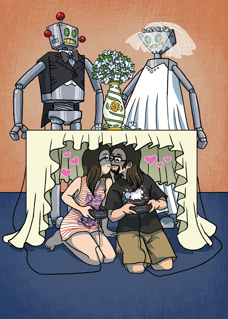 Svatba dvou robotů řízených snoubenci, kteří se ukrývají před zraky okolí pod stolkem.